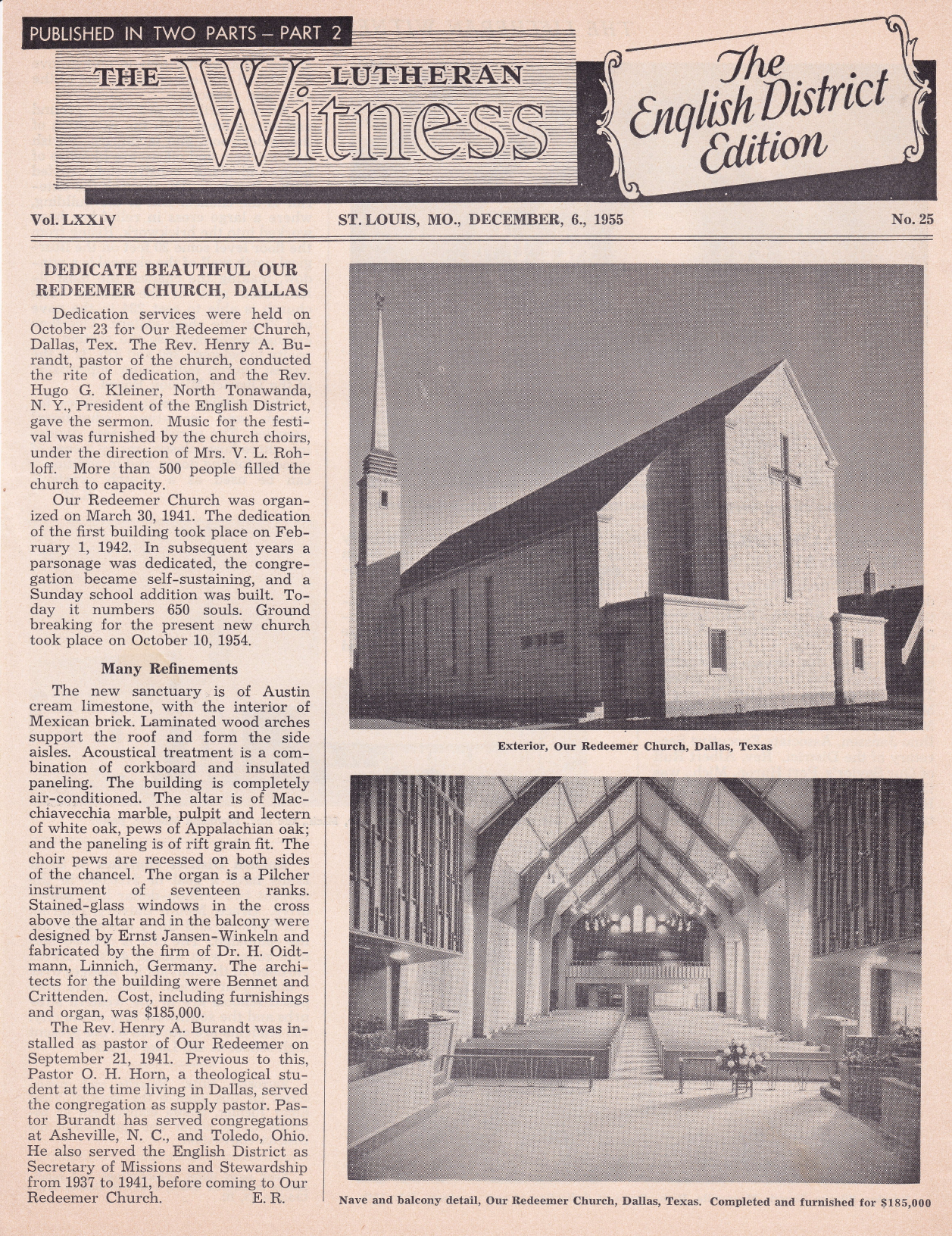 The Lutheran Witness account recording Our Redeemer’s founding and early church history
