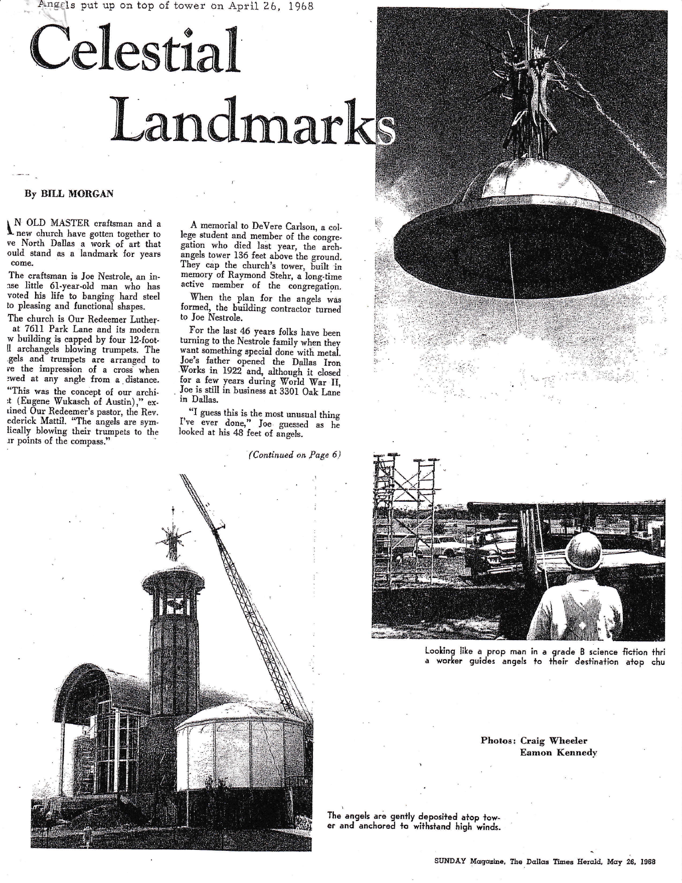 The 1968 newspaper feature showing the tower angels being installed